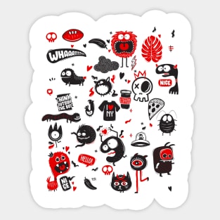 funny doodles with cute monsters black and red Sticker